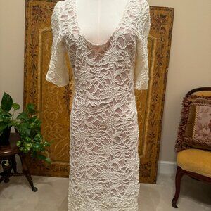 LAST TANGO Stretchy Bodycon Ivory Lace Dress With Nude Liner Size L